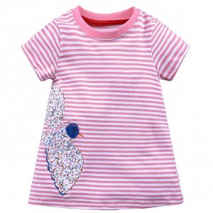 Детское платье с коротким рукавом, принт "Птица", цвет белый/розовый