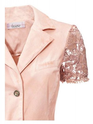 1r Блейзер, розовый Linea Tesini Романтичный стиль для хорошего настроения. Эксклюзивные детали - короткие рукава из кружева с цветочными аппликациями. Под батик, на 2 пуговицах. 2 окантованных карман