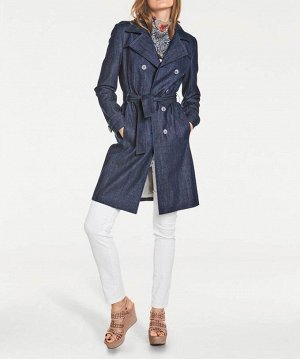 1r Джинсовое пальто, синее Rick Cardona Подиум для джинсовой моды с невероятными деталями. Актуальный плащ с элегантными лацканами и нахлестом спереди и на спине. Подчеркивающая фигуру двубортная форм