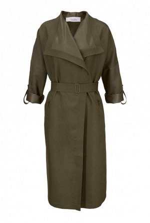 1r Пальто, оливковое Aniston Мода для осеннего гардероба. Большой воротник и изысканные детали. Широкие плечи. Л=Шлевки и пояс. Длинные рукава, которые можно отвернуть и зафиксировать хлястиками на пу