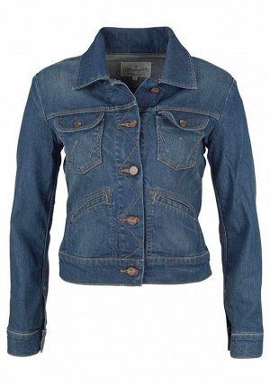 1r Джинсовая куртка, синяя Wrangler Модная классика от Wrangler с первоклассными деталями. Эластичная джинсовая ткань с потертостями и подчеркивающий фигуру крой. Застежка на пуговицах, накладные карм