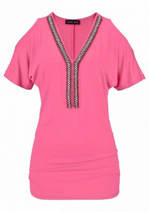 1r Блузка, розовая Melrose Субтильная элегантность. Красивая блузка с глубоким треугольным вырезом со стразами и бусинами. Широкие рукава с вырезами. Очень узкая форма. Длина ок. 70 см. Мягкий удобный