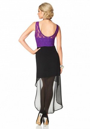 1r Платье, лилово-черное Melrose Невероятное творение из кружева и шифона. Элегантное платье, притягивающее взгляд. Верхняя часть из лилового прозрачного кружева со вшитым плотным бюстье. Эластичная с