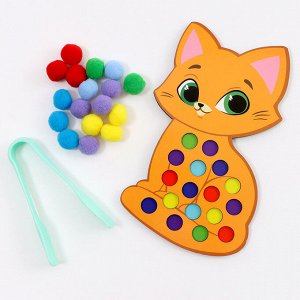 Сортер деревянный «Котёнок» с помпонами и пинцетом, 15x21 см