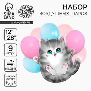 Шары воздушные, набор "Серый котик", фольга, латекс, 9 шт.