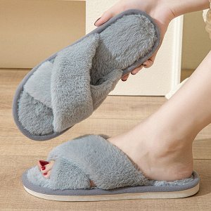Меховые серые тапочки,с имитацией кроличьего меха