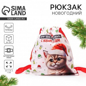Рюкзак - мешок детский новогодний «Котик в шапке», 35x30 см