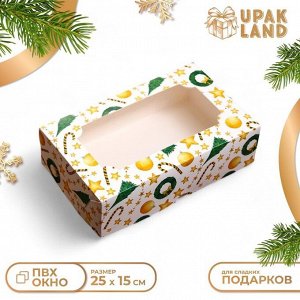 Коробка складная, кондитерская упаковка с окном "Звезды и трости", 25 х 15 х 7 см, Новый год