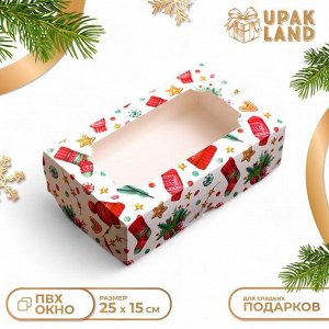 Коробка складная, кондитерская упаковка с окном "Новогодний паттерн", 25 х 15 х 7 см, Новый год