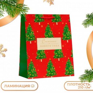 Пакет подарочный новогодний «Счастливого Нового года», на бежевом, 26x32x12 см