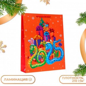 Пакет новогодний подарочный ламинированный «Змейки с подарками», 33x42.5x10 см