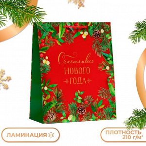 Пакет подарочный «Счастливого Нового года», на красном, 26x32x12 см
