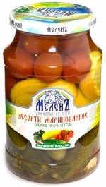 Меленъ Ассорти маринованное 900г ст/б (1/6) кабачки/черри/огурцы
