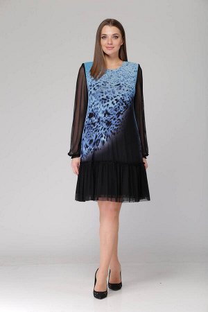 Платье Платье Svetlana Style 1054 черный с голубым 
Рост: 164 см.

Платье женское силуэта &quot;трапеция&quot; длиной выше линии колена. Рукав втачной одношовный, который по низу собран на резинку. П