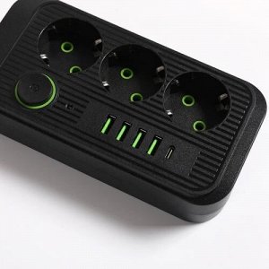 Универсальный сетевой удлинитель, фильтр, 3 розетки, 3 USB, 1 Type-C, 17,2х8,7х4см