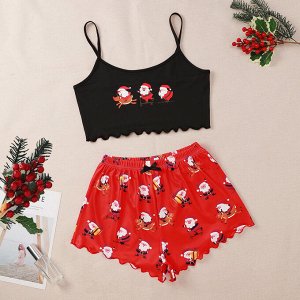Пижама новогодняя, женская, домашняя, комплект топ и шорты