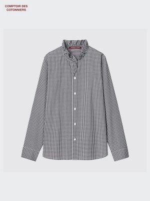 UNIQLO - хлопковая рубашка с оборкой на воротнике - 09 BLACK