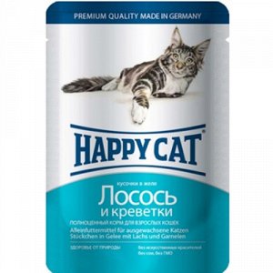 Happy Cat пауч 100гр д/кош Лосось/Креветки Желе (1/22)