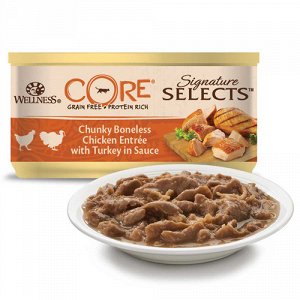 Wellness Core Консервы Аппетитные кусочки Курица с индейкой в соусе для кошек