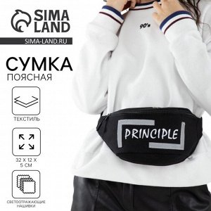 Сумка поясная PRINCIPE, 35x12x5 см, со светотражающими элементами, отдел на молнии, чёрная
