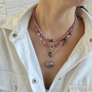 Сет из родонита: чокер + колье + цепочка с кулоном