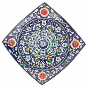 Ляган квадратный Риштанская Керамика, 31*31 см, синий, зелёно-жёлтый орнамент