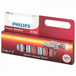 Батарейки алкалиновые "пальчиковые" КОМПЛЕКТ 12 шт., PHILIPS Power Alkaline, АА (LR6, 24А), блистер, Б0064661