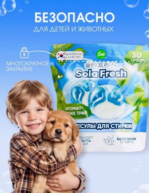 Капсулы для стирки SolaFresh LIME аромат свежих трав 30шт, мягкая упаковка