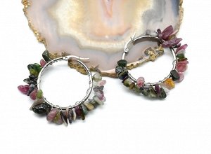 Серьги кольца крупные с крошкой из турмалина 45*45мм, 18,2г