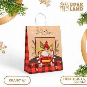 Пакет бумажный подарочный новогодний крафт «Машина с подарками», 33x26x12 см