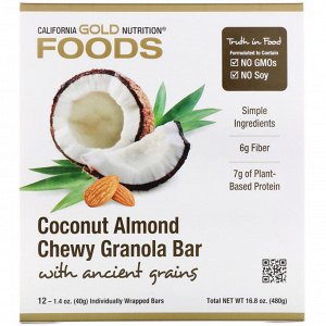 California Gold Nutrition, Foods, жевательные батончики с кокосом и миндалем, 12 батончиков весом 1,4 унции (40 г) каждый