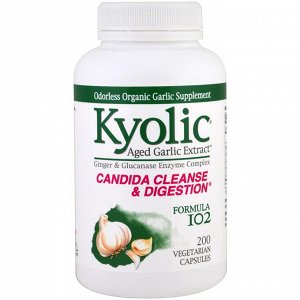 Kyolic, Формула 102, Экстракт выдержанного чеснока, для удаления дрожжевого грибка и улучшения пищеварения, 200 растительных капсул