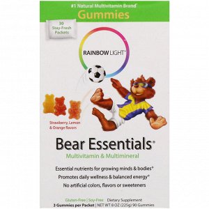 Rainbow Light, Bear Essentials, мультивитамины и мультиминералы, жевательные конфеты со вкусом клубники, лимона и апельсина, 30 пакетиков по 3 жевательных конфеты в каждом