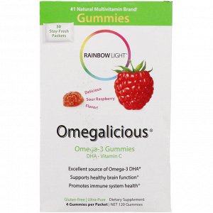Rainbow Light, Omegalicious, жевательные конфеты с омега-3 жирными кислотами и малиной, 30 пакетиков по 4 жевательных конфеты в каждом