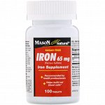 Mason Natural, Железо, без сахара, 65 мг, 100 зеленых таблеток