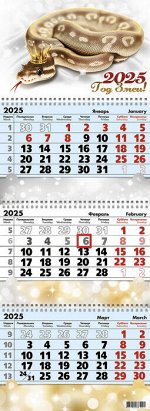 Календарь квартальный 3-х  блочный, 2025 г., &quot;Змея в короне&quot;, 9515