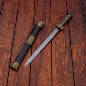 Сувенирный меч, рукоять резной металл, старое золото, ножны черн+3вставки, 4,5*40см