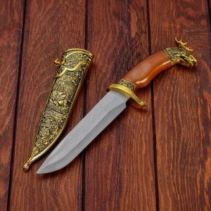 Сувенирный нож, рукоять под дерево с головой лося, ножны расписные, 6х32 см