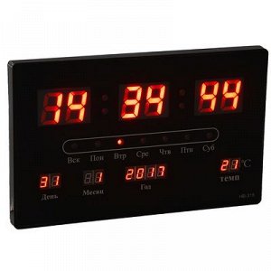 Часы настенные электронные с календарём и термометром, красные цифры 33х20х3 см