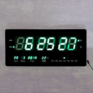 Часы настенные электронные, с термометром и календарём, зеленые цифры, 48х19х3 см