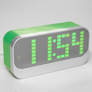 Часы-будильник Пиксельс термометром, зеленые цифры, серебристо-зелёные, 17х8.5х5 см