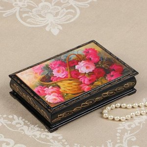 Шкатулка «Розовые цветы в корзинке». 11x16 см. лаковая миниатюра