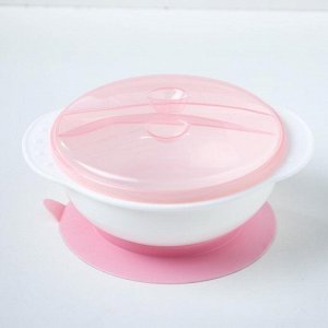 Набор для кормления, 3 предмета: миска на присоске 400 мл, крышка, ложка, цвет присоски розовый, цвет крышки МИКС