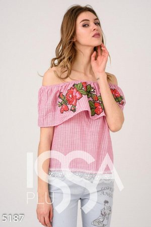 Сиреневая открытая блуза в полоску с цветочным узором и кружевом