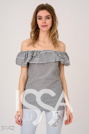 Темно-серая удлиненная блузка в полоску с двойным отворотом
