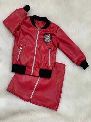 Детский Костюм 9009 "2в1 Куртка+Юбка Кожаный" Красный