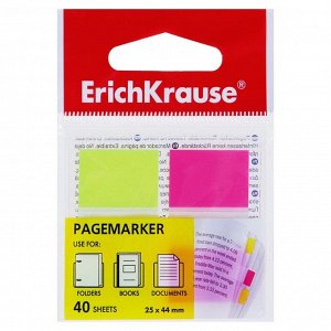 Закладки с клеевым краем пластиковые 25х44 мм, 2 цвета по 20 листов Erich Krause Neon, в пластиковом диспенсере, уложены по Z-пр