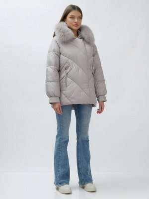 Полупальто женское зимние с мехом песец люкс класса серого цвета 6227Sr