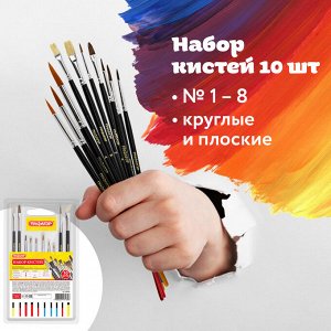 Кисти ПИФАГОР, НАБОР 10шт. (ПОНИ - 5 шт. СИНТЕТИКА - 3 шт. ЩЕТИНА - 2 шт, круглые, плоские), 200505