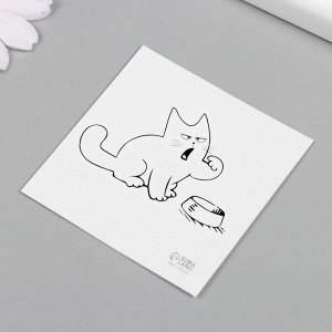 Татуировка на тело чёрная "Кот и миска - Где моя еда?" 6х6 см